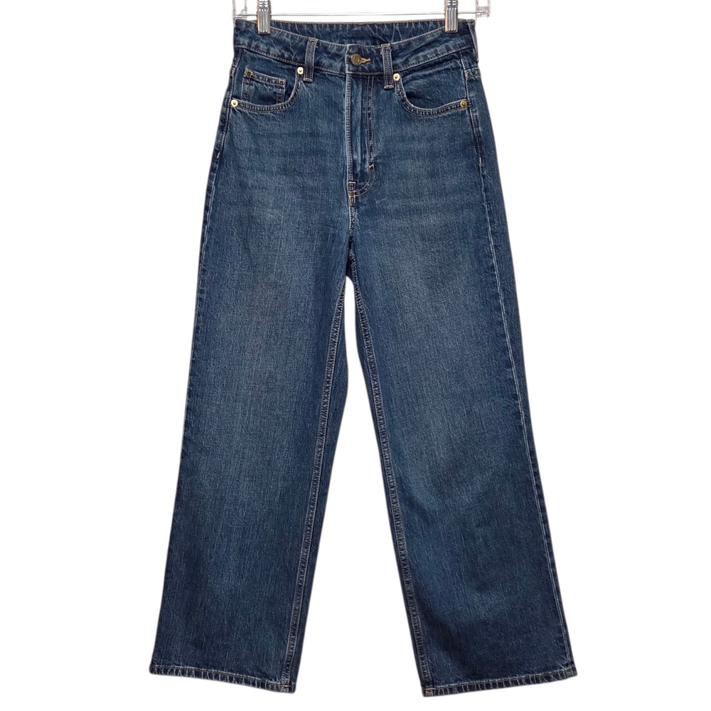 &Denim Wide Leg High Waist Cropped Denim Curvy Blue Jeans Women 2 Cotton Stretch